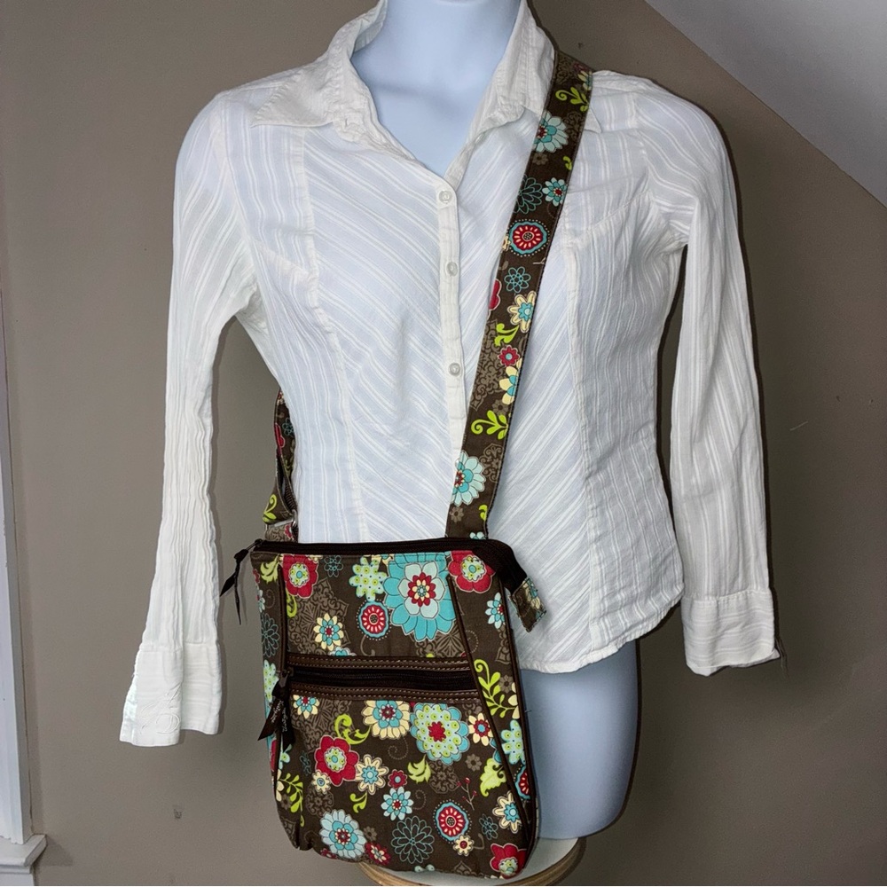 SOLD Thirty-One Crossbody Bag Cotton Floral Brown Adjustable Strap Purse Pockets